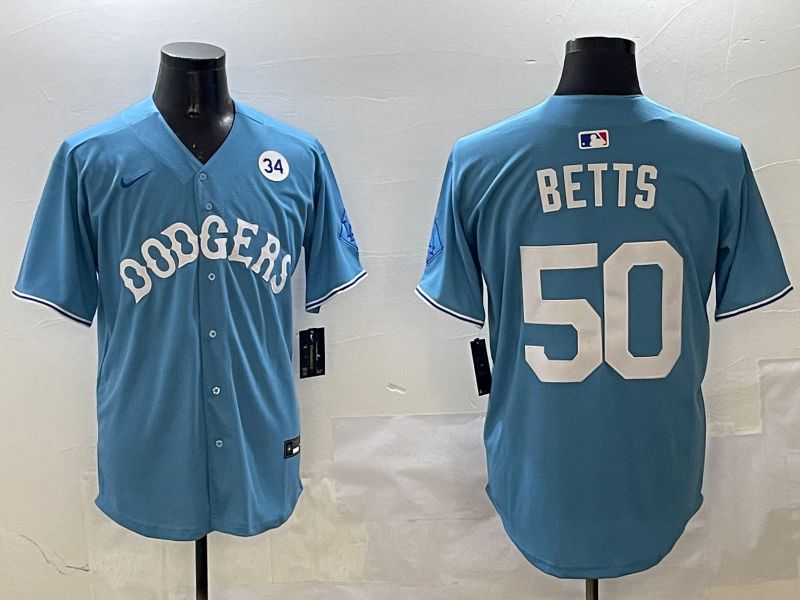 Men Los Angeles Dodgers #50 Betts Light Blue Throwback Game 2025 Nike MLB Jersey style 6